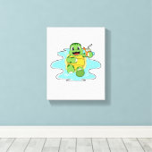 Schildpad met Drink in water Canvas Afdruk (Insitu (Houten vloer))