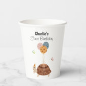 Schildpad met feestje pet, verjaardagsfeestje papieren bekers (Voorkant)