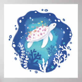 Schildpad met koralen in Ocean Paper Art Illustrat Poster