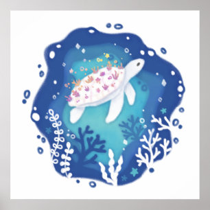 Schildpad met koralen in Ocean Paper Art Illustrat Poster