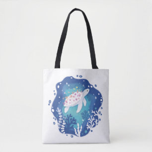 Schildpad met koralen in Ocean Paper Art Illustrat Tote Bag