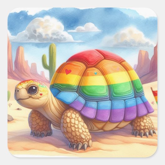 Schildpad met regenboogschelp vierkante Stickers (Voorkant)