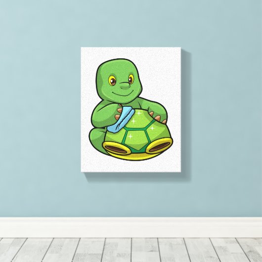 Schildpad met Shell & Cleaning rag Canvas Afdruk (Insitu (Houten vloer))