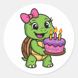 Schildpad met verjaardagstaart ronde sticker
