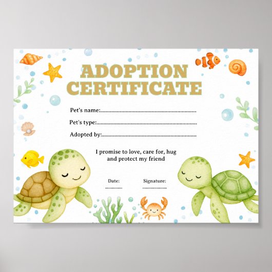 Schildpad neem een huisdier certificaat bewerkbaar poster (Voorkant)