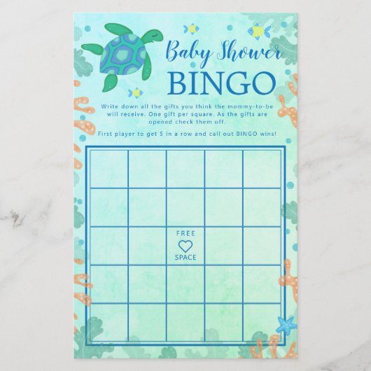 Schildpad onder het Zee Baby shower Bingo Game (Voorkant)