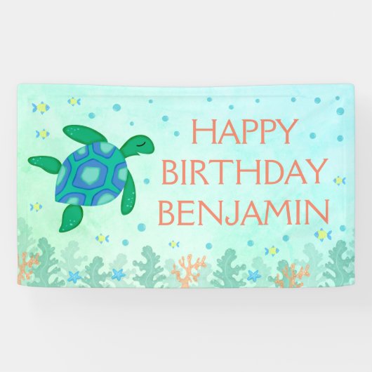 Schildpad onder het Zee Happy Birthday Spandoek (Horizontaal)