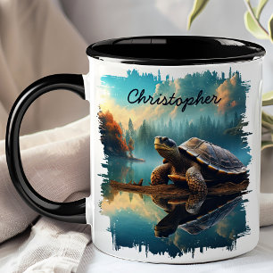 Schildpad op boomstam meer reflectie mok