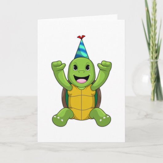 Schildpad op verjaardag met feesthoed kaart (Voorkant)