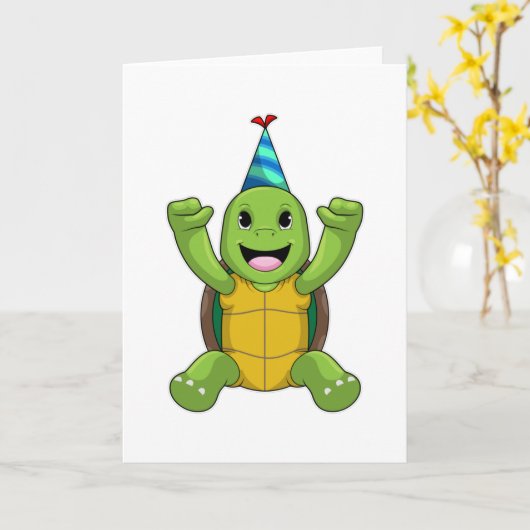 Schildpad op verjaardag met feesthoed kaart (Gele Bloem)