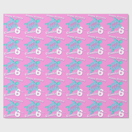 Schildpad roze leeftijd en naam zesde verjaardag r cadeaupapier (Vlak)