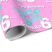 Schildpad roze leeftijd en naam zesde verjaardag r cadeaupapier (Rol Hoek)