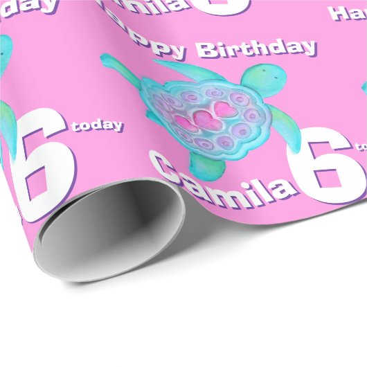 Schildpad roze leeftijd en naam zesde verjaardag r cadeaupapier (Rol Hoek)