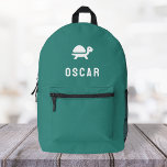 Schildpad schildpad aqua groen monogram naam bedrukte rugzak<br><div class="desc">Een ontwerp op maat op een aqua groene achtergrond met een schildpad schildpad motief icoon in het wit die gemakkelijk kan worden vervangen door het uploaden van uw eigen logo, afbeelding of motief! De gepersonaliseerde monogramnaam in witte moderne bloktypografie kan worden vervangen door uw eigen naam of aangepaste tekst. Het...</div>