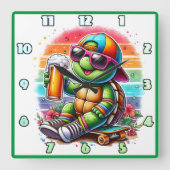 Schildpad skateboarder nippen van een drink buiten vierkante klok (Voorkant)
