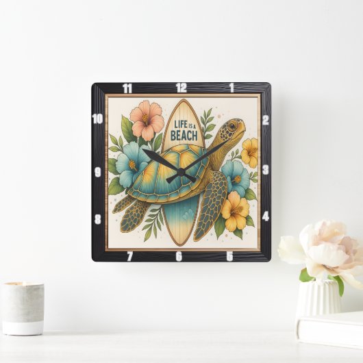 Schildpad Surfboard Beach Life Vierkante Klok (Huis)