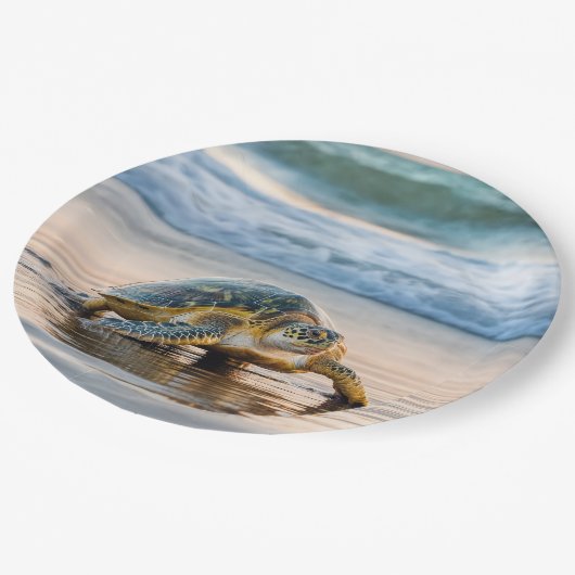 Schildpad wandelen op nat strandzand papieren bordje (Gekanteld)