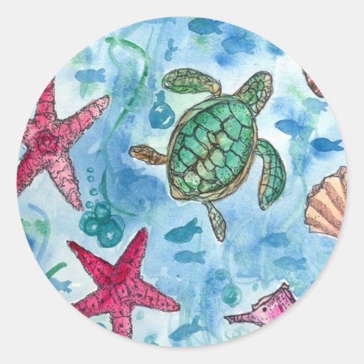 Schildpad Zeesterschelpen Zee Creature Waterverf Ronde Sticker (Voorkant)