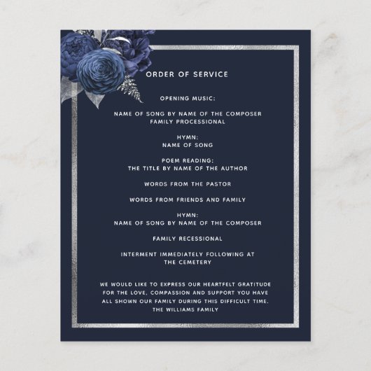 Schildpadblauw-bloemenzilverbegrafeningsprogramma (Achterkant)