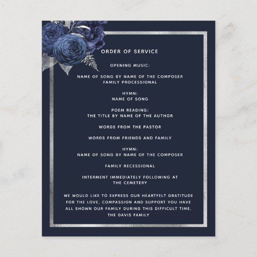 Schildpadblauw-bloemenzilverbegrafeningsprogramma (Achterkant)