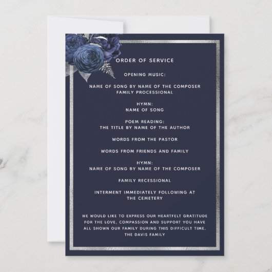 Schildpadblauw-bloemenzilverbegrafeningsprogramma Notitiekaartje (Achterkant)