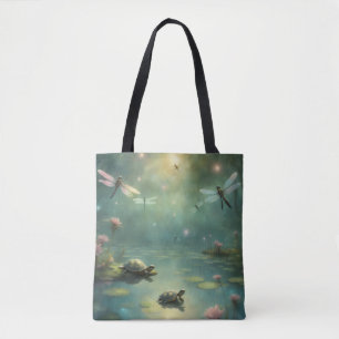 Schildpadden Libellen op waterlelies op de vijver Tote Bag