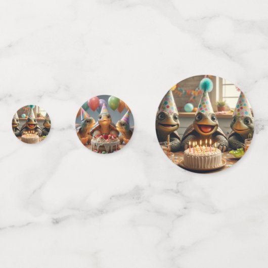 Schildpadden vieren hun verjaardag met taart en pe confetti (Achterkanten)