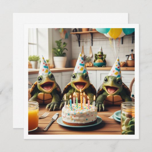 Schildpadden vieren hun verjaardag met taart en pe kaart (Voorkant / Achterkant)
