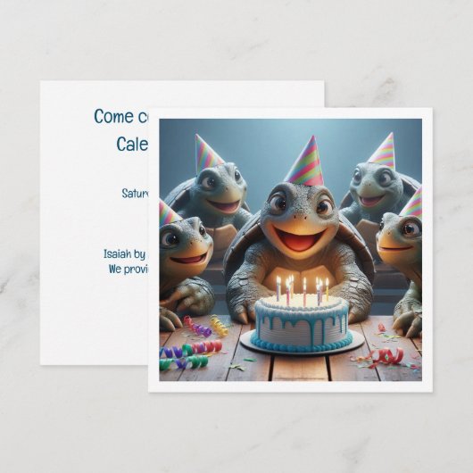 Schildpadden vieren hun verjaardag met taart en pe kaart (Voorkant / Achterkant)