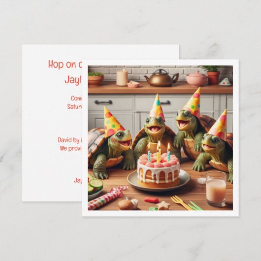 Schildpadden vieren hun verjaardag met taart en pe kaart (Voorkant / Achterkant)