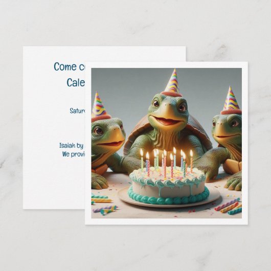 Schildpadden vieren hun verjaardag met taart en pe kaart (Voorkant / Achterkant)