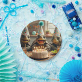 Schildpadden vieren hun verjaardag met taart en pe papieren bordje (Feest)