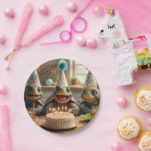 Schildpadden vieren hun verjaardag met taart en pe papieren bordje (Feest)