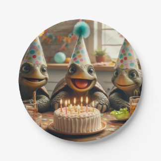 Schildpadden vieren hun verjaardag met taart en pe papieren bordje