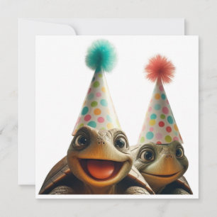 Schildpadden vieren verjaardag met cake en hoeden kaart