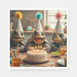 Schildpadden vieren verjaardag met cake en hoeden  servet