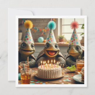 Schildpadden vieren verjaardag met cake en hoedjes kaart