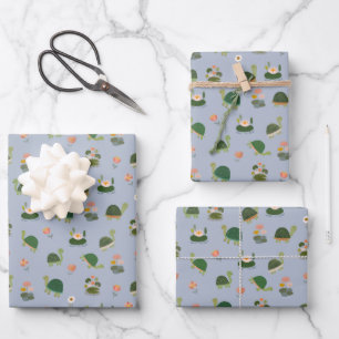 Schildpadden & Waterlelies op Lichtblauw Inpakpapier Vel