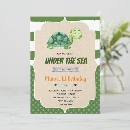 Schildpaddenverjaardag op uitnodiging van het zee (Staand voorkant)