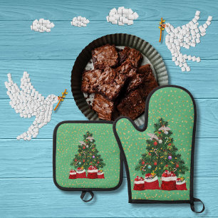 Schildpadduiven in Kerst achtergrond groen Ovenwant & Pannenlap Set