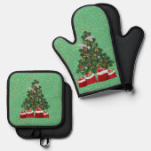 Schildpadduiven in Kerst achtergrond groen Ovenwant & Pannenlap Set (Voorkant / Achterkant)