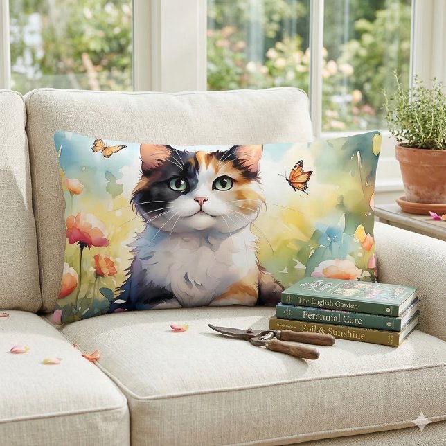 Schildpadkat in de lentetuin met vlinders kussen (Calico Cat in Spring Garden with Butterflies Lumbar Pillow On Sofa)