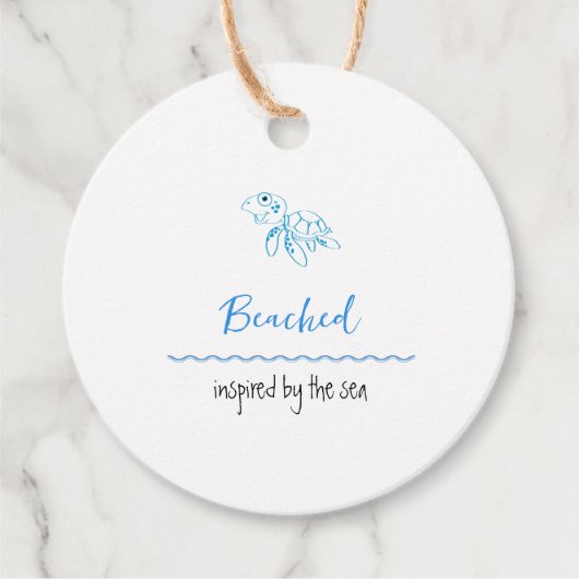 Schildpadlogo strandthema blauwe tekst Prijskaartj Bedankjes Labels (Voorkant)