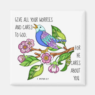Schildvogel, met vers van 1 Peter 5:7 Magneet