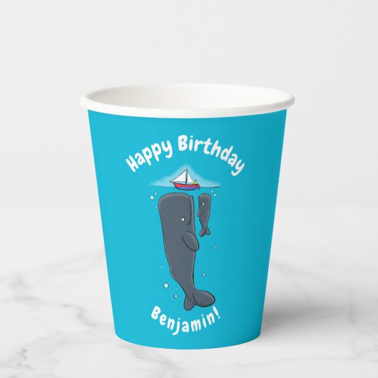 Schildwalvissen en cartoon van zeilboten papieren bekers (Voorkant)