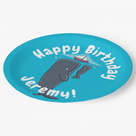 Schildwalvissen en cartoon van zeilboten papieren bordje (Gekanteld)