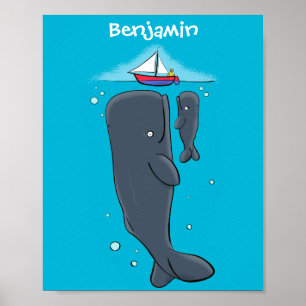 Schildwalvissen en cartoon van zeilboten poster