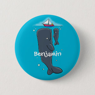 Schildwalvissen en cartoon van zeilboten ronde button 5,7 cm