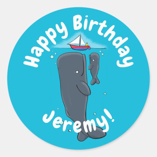 Schildwalvissen en cartoon van zeilboten ronde sticker (Voorkant)