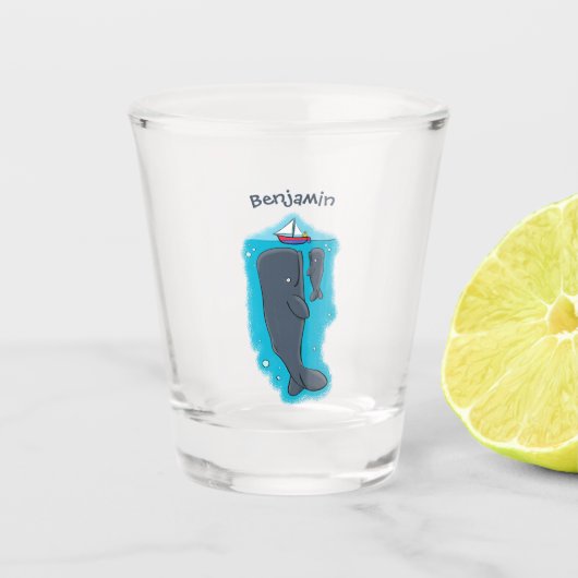 Schildwalvissen en cartoon van zeilboten shot glas (Voorkant)